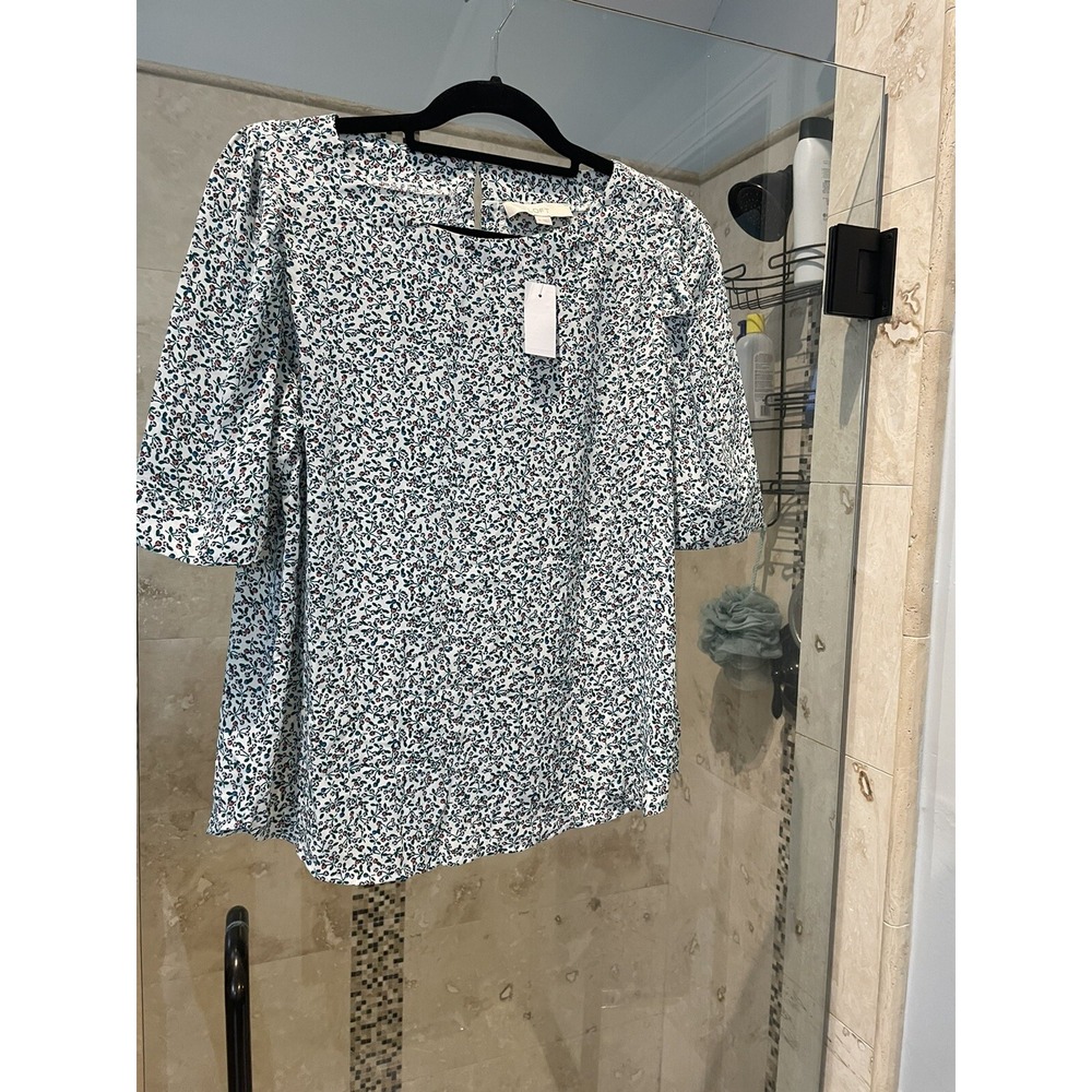LOFT Women Floral Puff Sleeve Round Neck Blouse Orange Multicolor M NEW